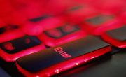 a close up of a red and black keyboard